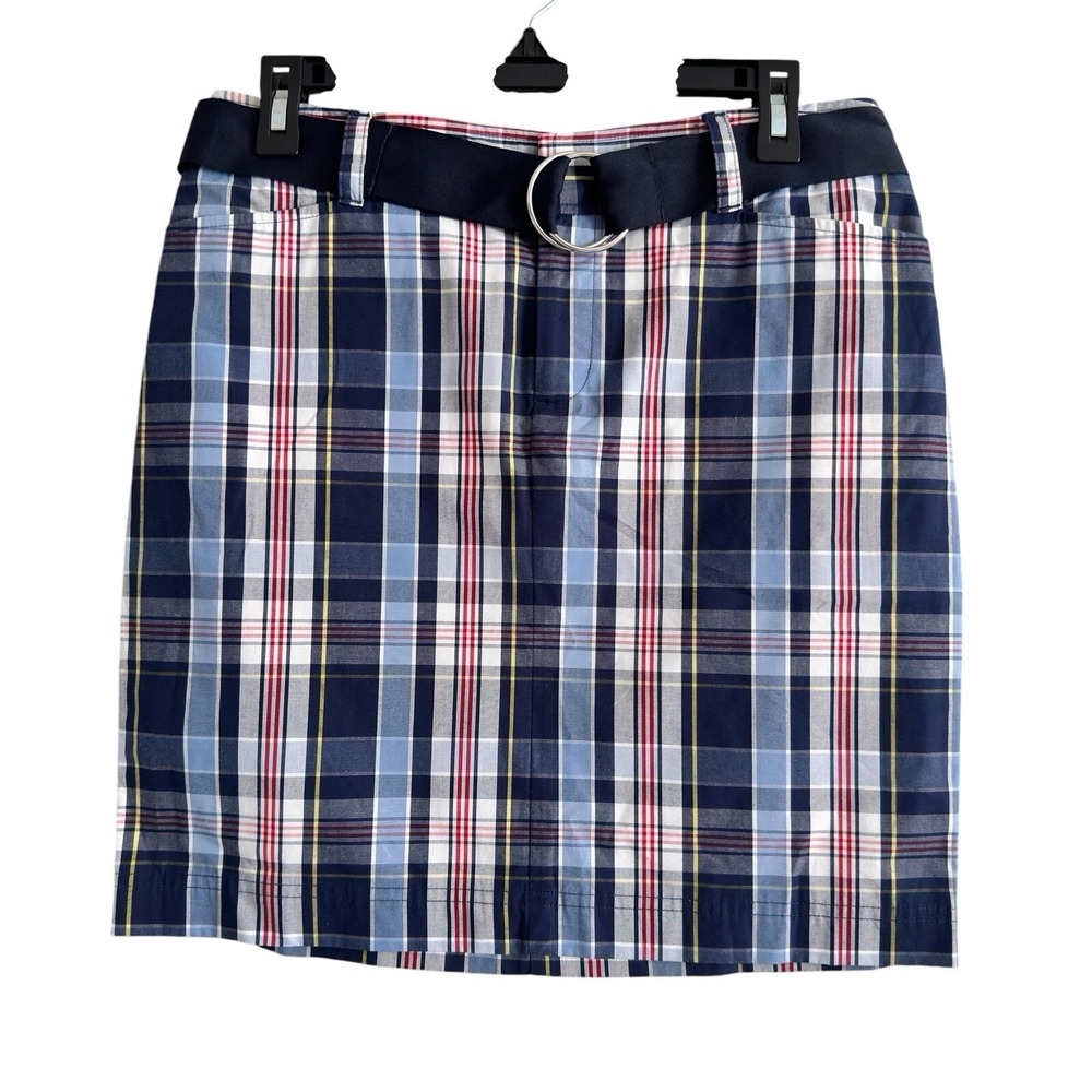 Chaps Blue Plaid Skirt Belt Cotton Women's Size 4 Patriotic 4th of July Preppy